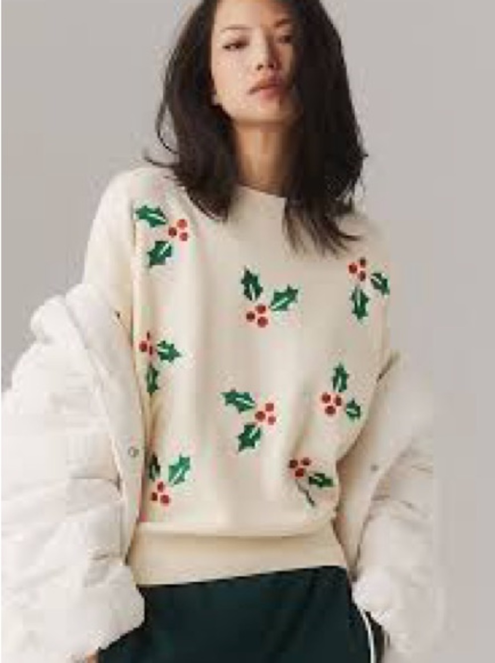 Beach Riot Cream Holiday Holly Sweater with Green & Red Accents